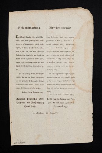 Obwieszczenie dotyczące dochodów duchowieństwa z dnia 4.12.1815 podpisane przez Królewsko-Pruskiego 